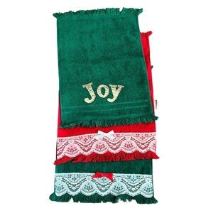 Cannon Christmas Hand Towels Vintage Green Red Joy Lace Made In USA Lot Of 3